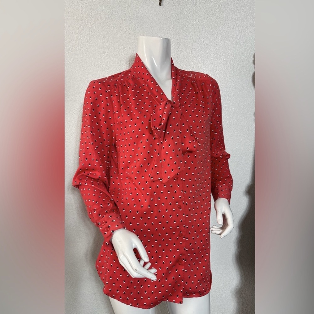 Red Patterned Tie-Neck Blouse